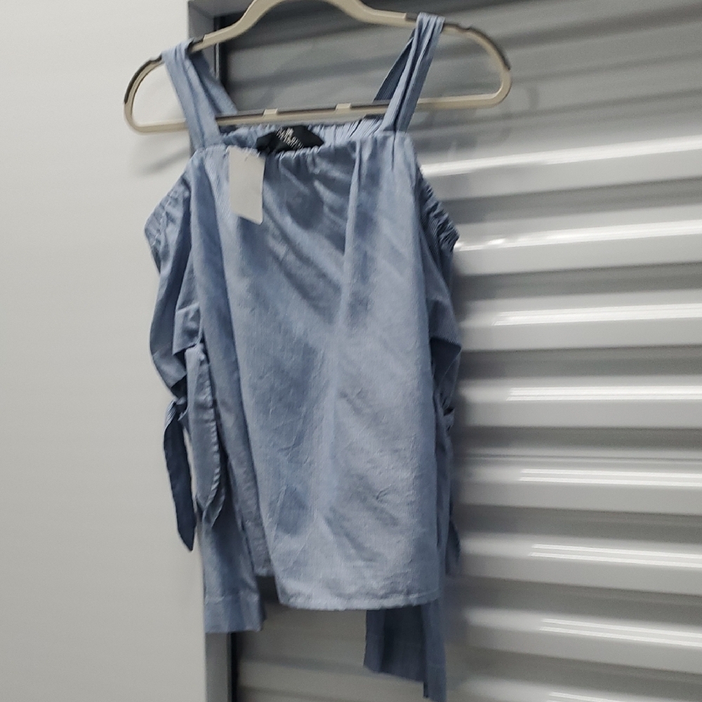 Asymmetrical Blue Striped Open Shoulder Blouse with Tie Cutout Sleeve
